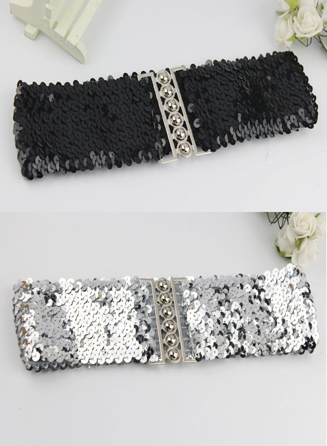 ArrErr 2 Pack Women Wide Elastic Belts Shiny Glitter Bling Sparkly Sequin Belt Retro Cinch Belt Waistband for 70s 80s Costume Party Disco Outfit Sparkle Flare Jumpsuit Halloween Cosplay Sequins Dress - Image 4